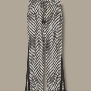 NWT Figue ‘Cova’ Printed Washed Silk Wide Leg Pants in Black, Blue Cream Zig Zag